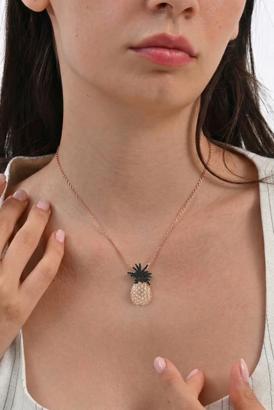 925 Ayar Gümüş Kolye Rose Kaplama Onix Taşlı Ananas Kolye -  Işıltılı Tropikal Hediye SGTL13315SIYAH ürün görseli 1