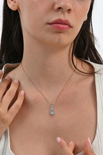 925 Ayar Gümüş Kolye Rose Kaplama Tria Modeli Elmas Montür Kolye - Pırlanta Işıltılı Özel Tasarım Pembe Altın Kolye SGTL13341ROSE ürün görseli 1