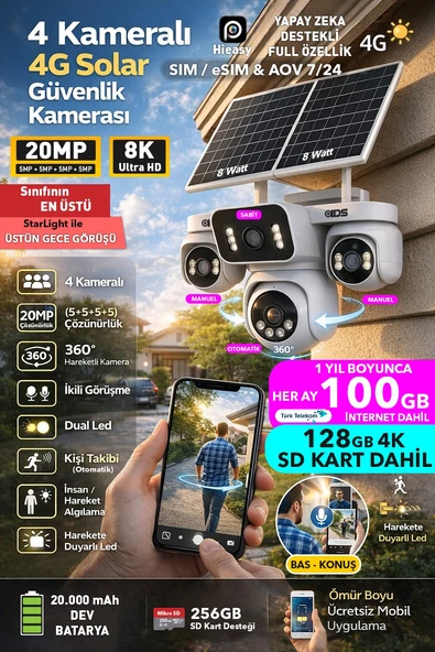 4 KAMERA 20MP 360 AÇI 4G SİM KARTLI GÜNEŞ ENERJİLİ GÜVENLİK KAMERASI 128GB SD KART VE 100GB İNTERNET ürün görseli 1
