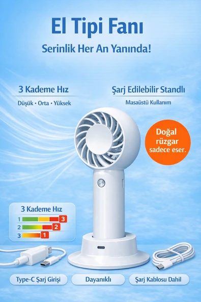 Jasper Sr-0034 Taşınabilir Standlı Serinletici Fan 3 Hız Ayarlı , Typ-c Şarjlı Fan Masaüstü Fan Vantilatör 2w-5v/1a ürün görseli 1