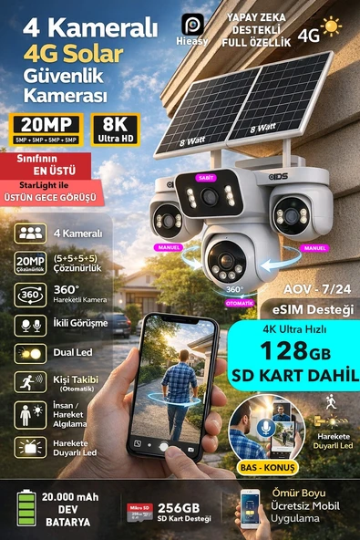20MP 4 KAMERA 360 GÖRÜŞ 4G GÜNEŞ ENERJİLİ SİM KARTLI GÜVENLİK KAMERASI - KİŞİ TAKİBİ - 128GB SD KART ürün görseli 1