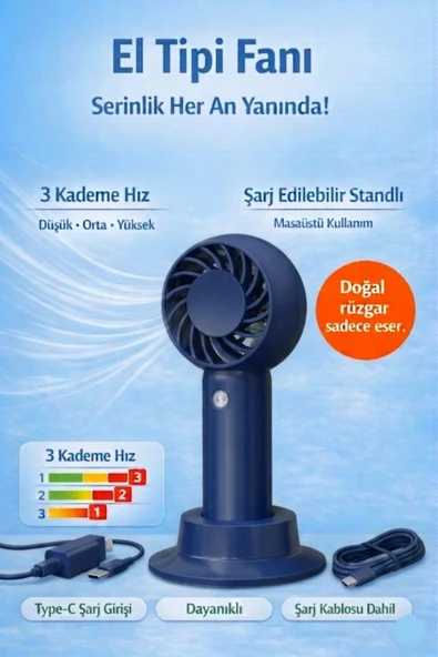 Jasper Sr-0034 Taşınabilir Standlı Serinletici Fan 3 Hız Ayarlı , Typ-c Şarjlı Fan Masaüstü Fan Vantilatör 2w-5v/1a ürün görseli 1