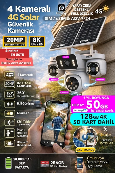 4 KAMERA 20MP 360 İZLEME GÜNEŞ ENERJİLİ 4G SİM KARTLI GÜVENLİK KAMERASI 128GB SD VE 50GB İNTERNET ürün görseli 1