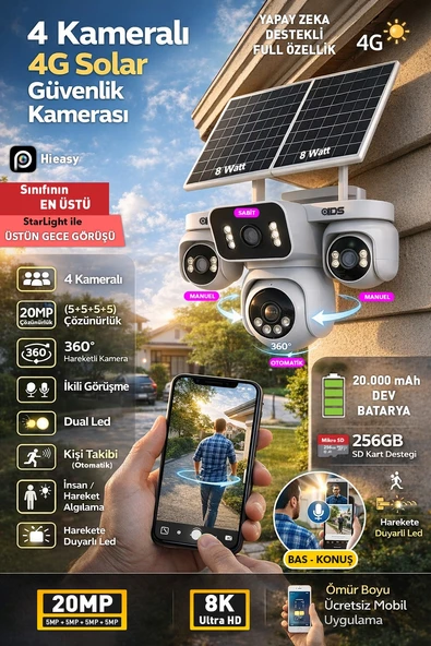 4 KAMERA 360 GÖRÜŞ 20MP 4G GÜNEŞ ENERJİLİ SİM KARTLI GÜVENLİK KAMERASI - KİŞİ TAKİBİ - GECE GÖRÜŞÜ ürün görseli 1