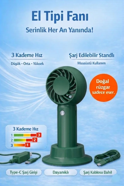 Jasper Sr-0034 Taşınabilir Standlı Serinletici Fan 3 Hız Ayarlı , Typ-c Şarjlı Fan Masaüstü Fan Vantilatör 2w-5v/1a ürün görseli 1