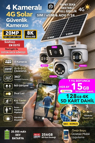 20MP 4 KAMERA 360 İZLEME 4G GÜNEŞ ENERJİLİ SİM KARTLI GÜVENLİK KAMERASI - İNTERNET VE 128GB SD KART ürün görseli 1