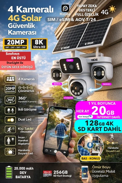 20MP 4 KAMERA 360 İZLEME GÜNEŞ ENERJİLİ 4G SİM KARTLI GÜVENLİK KAMERASI 128GB SD KART VE 20GB İNTERNET ürün görseli 1