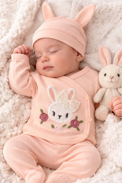 Bamoola Organik Kız Bebek Baskı Tavşan Desenli 5'li Tulum Hastane Çıkışı Yenidoğan Kıyafet Mama Önlüğü Lila ürün görseli 1