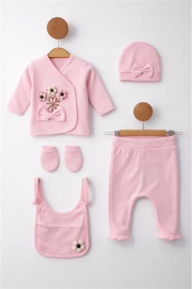 Bamoola Organik Kız Bebek Kabartma Desenli 5'li Tulum Hastane Çıkışı Yenidoğan Kıyafet Mama Önlüğü Pembe Kabartma ürün görseli 1