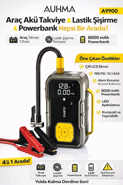 Auhma A9900 4'ü 1 Arada Akü Takviyeli Şarjlı Hava Pompası 8.000 Mah| Powerbank & Dijital Fener ürün görseli 1