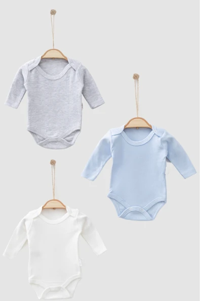 Bamoola %100 Organik Pamuklu Düz Erkek 3'lü Atlet Body Zıbın - Uzun Kollu - Çıtçıtlı (Mavi - Gri- Beyaz) Erkek 24 Ay ürün görseli 1