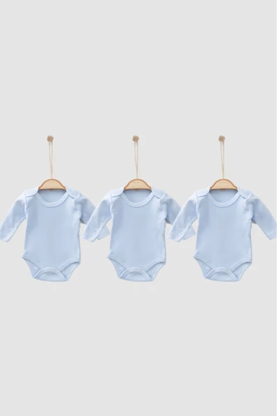 Bamoola %100 Organik Pamuklu Düz Mavi 3'lü Atlet Body Zıbın - Uzun Kollu - Çıtçıtlı Mavi 24 Ay ürün görseli 1