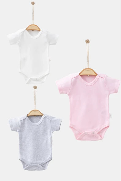 Bamoola %100 Organik Pamuklu Düz Kız 3'lü Atlet Body Zıbın - Kısa Kollu - Çıtçıtlı (Beyaz - Pembe - Gri) Kız 1 Yaş ürün görseli 1