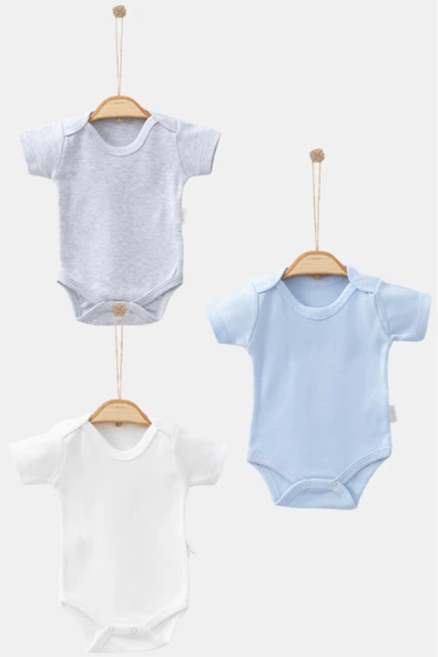 Bamoola %100 Organik Pamuklu Düz Erkek 3'lü Atlet Body Zıbın - Kısa Kollu - Çıtçıtlı (Gri - Mavi - Beyaz) Erkek 9 - 12 Ay ürün görseli 1