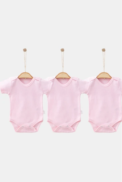 Bamoola %100 Organik Pamuklu Düz Pembe 3'lü Atlet Body Zıbın - Kısa Kollu - Çıtçıtlı Pembe 6 Ay ürün görseli 1