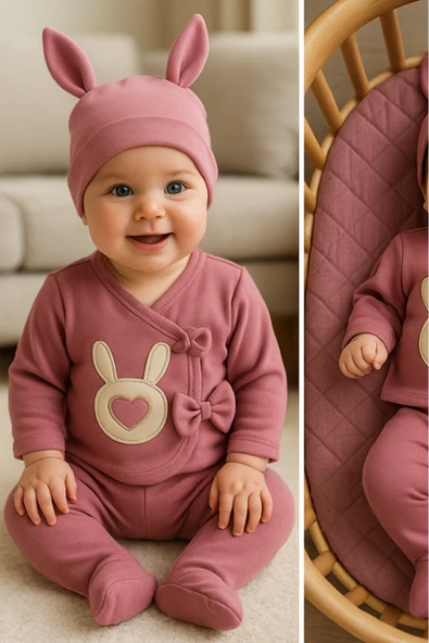 Bamoola Organik Kız Bebek Tavşan Desenli 5'li Tulum Hastane Çıkışı Yenidoğan Kıyafet Mama Önlüğü Bordo Tavşan ürün görseli 1