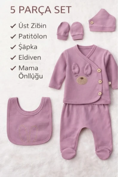 Bamoola Organik Kız Bebek Kulaklı Tavşan Desenli 5'li Tulum Hastane Çıkışı Yenidoğan Kıyafet Mama Önlüğü Fuşya ürün görseli 1