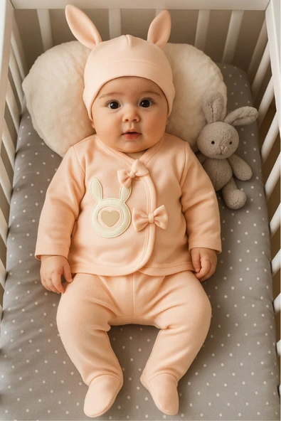 Bamoola Organik Kız Bebek Tavşan Desenli 5'li Tulum Hastane Çıkışı Yenidoğan Kıyafet Mama Önlüğü Bej Tavşan ürün görseli 1