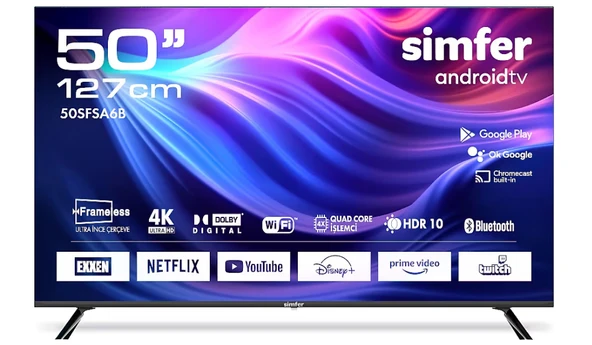 Simfer 50SFSA6B 4K Ultra HD 50" 127 Ekran Uydu Alıcılı Android Smart LED TV ürün görseli 1