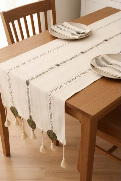 Yeşil Nakışlı Dantelli Runner 50x130 cm - Resim 2