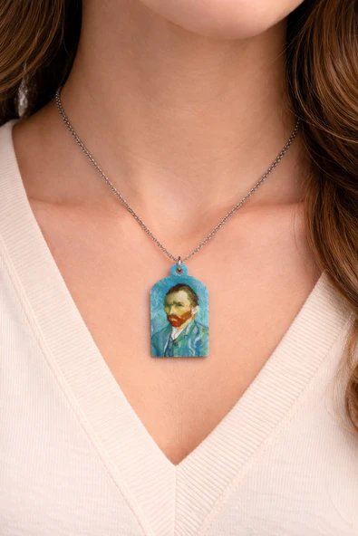 Van Gogh Portre Baskılı Metal Kolye Mavi Zemin Unisex Sanatsal Tasarım ürün görseli 1