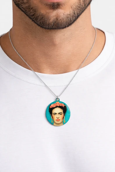 Frida Kahlo Portre Baskılı Yuvarlak Kolye Gümüş Renk Zincir 60 cm Unisex ürün görseli 1