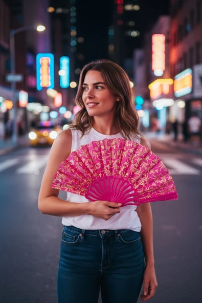 YELPAZE DÜNYASI Yelpaze Fuşya Yaldızlı Gece Yelpazesi ürün görseli 1