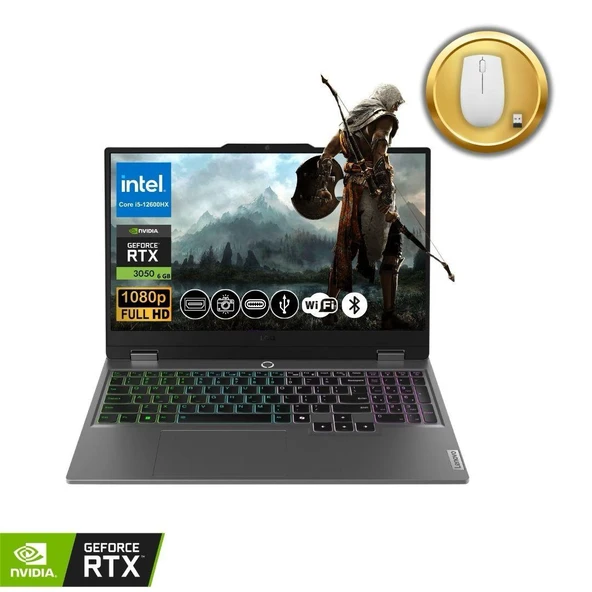 Lenovo LOQ Gaming Notebook i5-12600HX 16GB RAM 2TB SSD RTX3050 6GB 15.6" FHD 144Hz IPS FreeDOS 83GS00P8TR ATL47 +Mouse ürün görseli 1