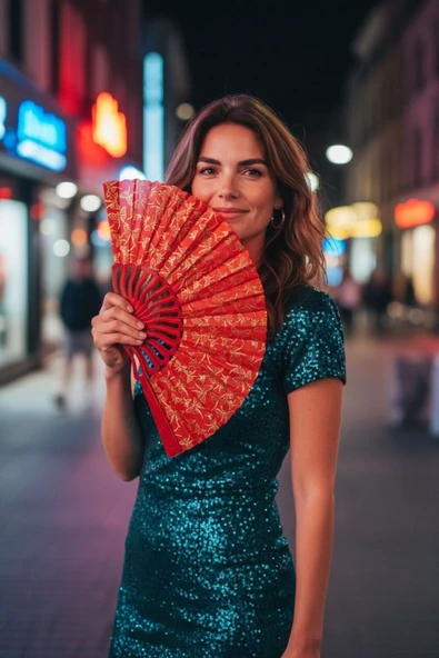 YELPAZE DÜNYASI Yelpaze Kırmızı Yaldızlı Gece Yelpazesi ürün görseli 1