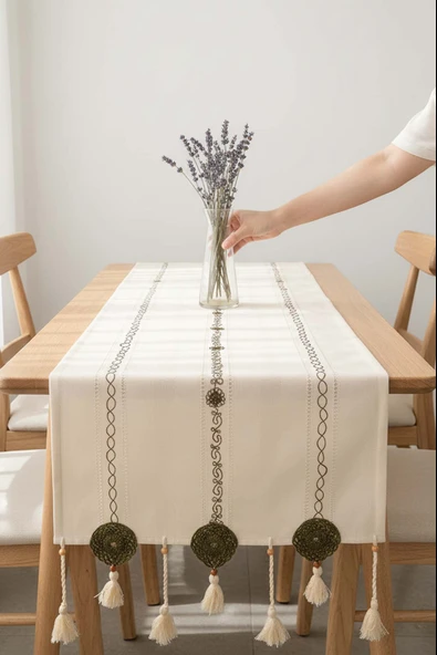 Yeşil Nakışlı Dantelli Runner 50x130 cm - Resim 7