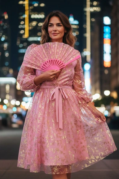 YELPAZE DÜNYASI Yelpaze Pembe Yaldızlı Gece Yelpazesi ürün görseli 1
