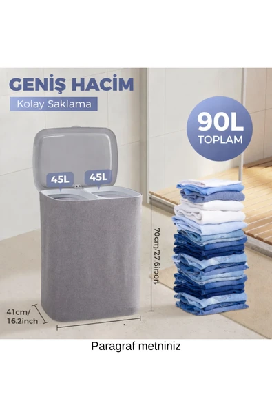 ARVALE Katlanabilir Çift Bölmeli Kirli Çamaşır Sepeti 90L Gri Kapaklı Çamaşır Kutusu ürün görseli 1