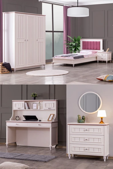 Ezgi Lüx Genç Odası - 3 Kapılı Dolap, Karyola, Komodin, Masa, Şifonyer ürün görseli 1