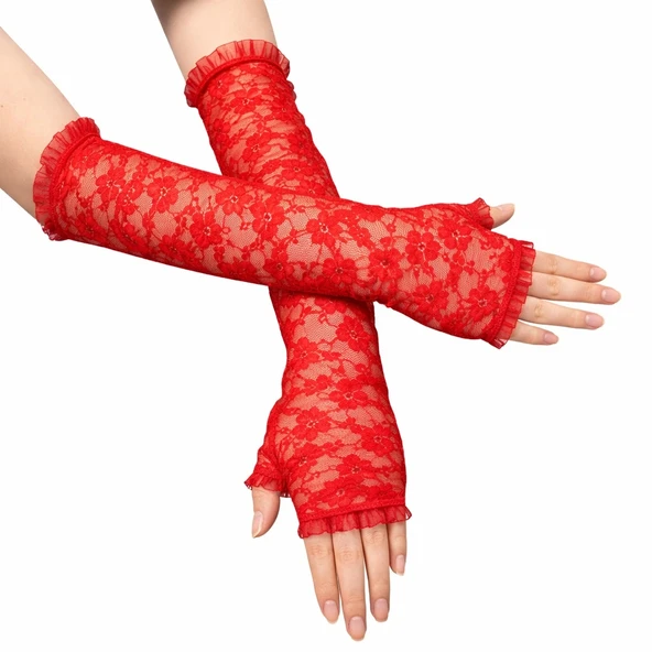 Uzun Zarif Dantel Eldiven Parmaksız Kırmızı 35 cm ürün görseli 1
