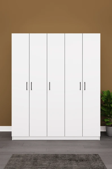 Lüks 5 Kapaklı Gardırop %100 MDF Askılı Çok Amaçlı Düzenleyici Elbise Dolabı G-09  BEYAZ ürün görseli 1