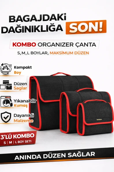 Oto Bagaj Organizer Bagaj Çantası 3'lü Kombo Boy Kaymaz Cırt Bantlı Velur Kompakt Düzenleyici - Y1 ürün görseli 1