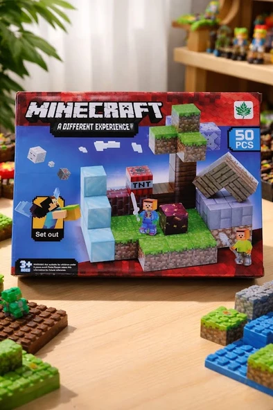 Minecraft Manyetik Yapı Blokları Mıknatıslı 50 Parça Blok Parçalar 2 Figürlü Kutulu Kaliteli Eğitici Set ürün görseli 1