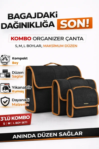 Oto Bagaj Organizer Bagaj Çantası 3'lü Kombo Boy Kaymaz Cırt Bantlı Velur Kompakt Düzenleyici - Y5 ürün görseli 1