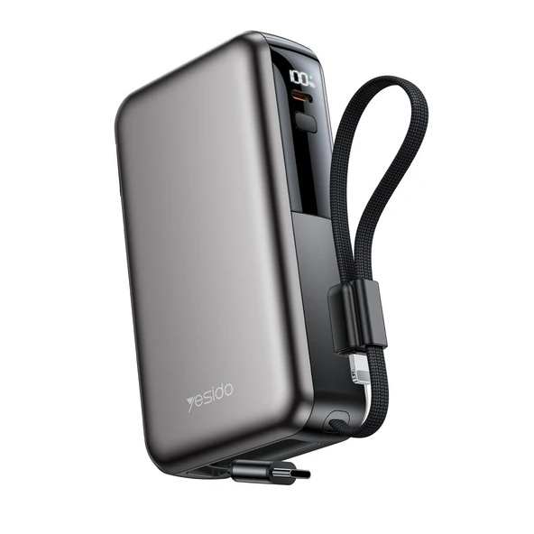 Yesido YP90 Dijital Göstergeli 10.000 mAh 22.5W PD Hızlı Şarj Destekli Makaralı Type C ve Lightning Kablolu 5in1 Powerbank - Siyah ürün görseli 1