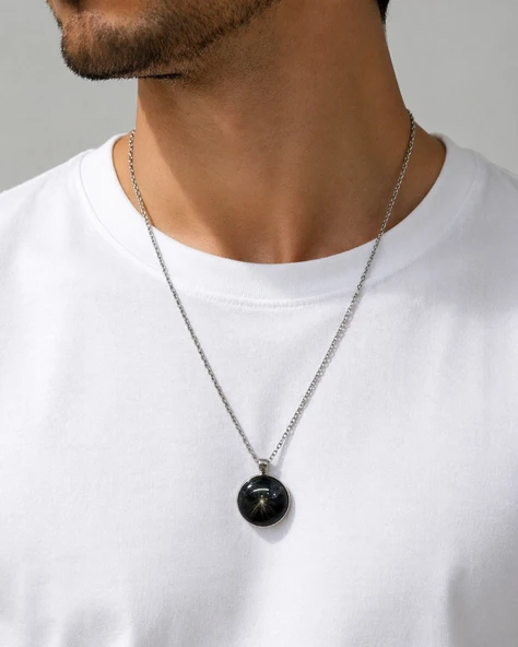 Kozmik Karahindiba Cam Kolye Siyah Yuvarlak Tasarım 60 cm Zincir Unisex ürün görseli 1