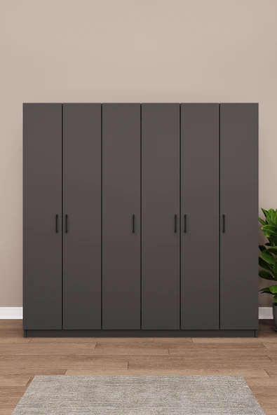 Lüks 6 Kapaklı Gardırop %100 MDF Askılı Çok Amaçlı Düzenleyici Elbise Dolabı G06  KOYU GRİ ürün görseli 1
