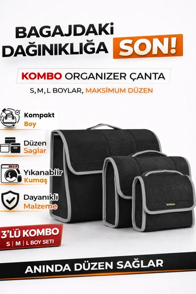 Oto Bagaj Organizer Bagaj Çantası 3'lü Kombo Boy Kaymaz Cırt Bantlı Velur Kompakt Düzenleyici - Y4 ürün görseli 1