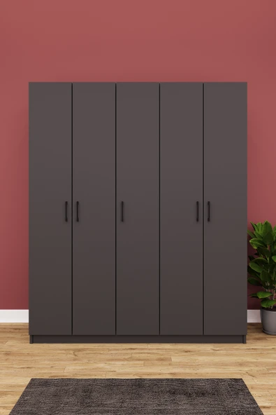 Lüks 5 Kapaklı Gardırop %100 MDF Askılı Çok Amaçlı Düzenleyici Elbise Dolabı G-09  KOYU GRİ ürün görseli 1