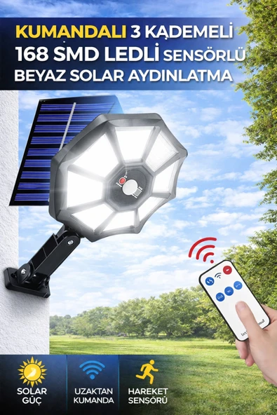 168 SMD Led Solar Lamba Kumandalı Hareket Sensörlü 3 Modlu Bahçe Duvar Aydınlatma Beyaz Işık ürün görseli 1