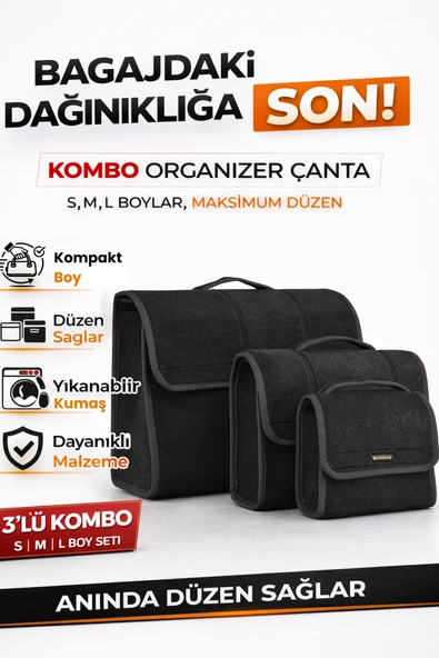 Oto Bagaj Organizer Bagaj Çantası 3'lü Kombo Boy Kaymaz Cırt Bantlı Velur Kompakt Düzenleyici - X3 ürün görseli 1
