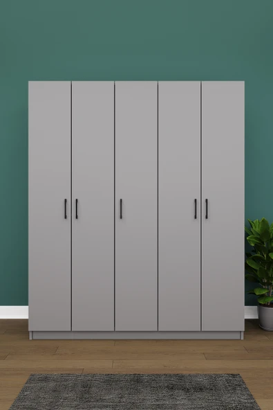Lüks 5 Kapaklı Gardırop %100 MDF Askılı Çok Amaçlı Düzenleyici Elbise Dolabı G-09  KÜL GRİ ürün görseli 1