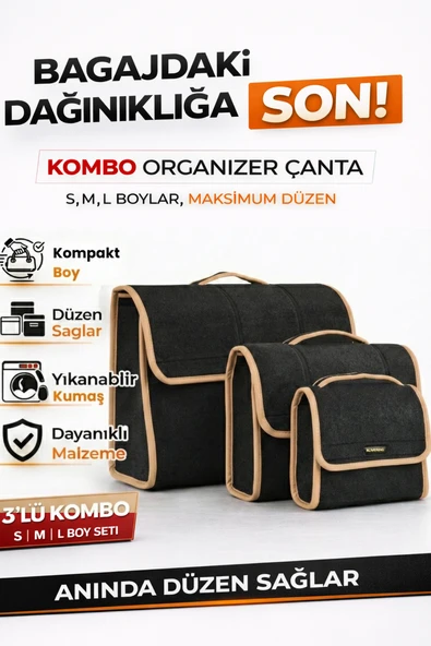 Oto Bagaj Organizer Bagaj Çantası 3'lü Kombo Boy Kaymaz Cırt Bantlı Velur Kompakt Düzenleyici - Y6 ürün görseli 1
