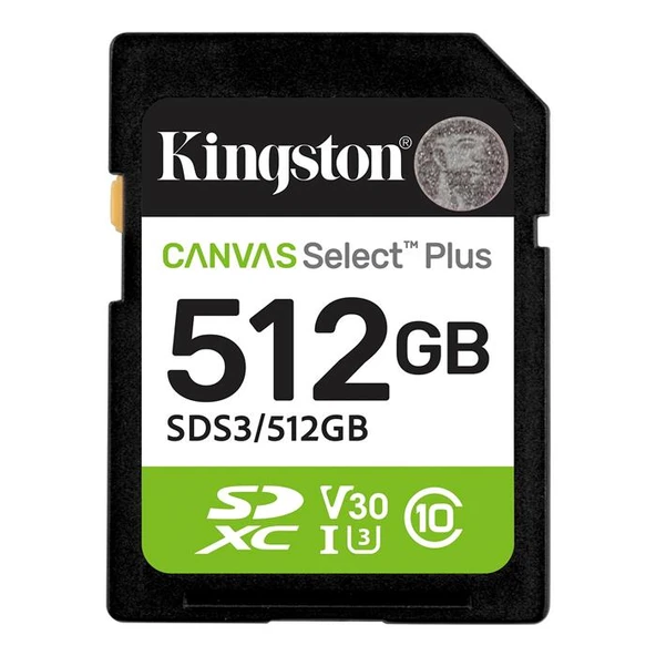 Kingston SDS3/512GB 512GB SDXC Canvas Select Plus Gen3 150MB-s C10 UHS-I U3 V30 Hafıza Kartı ürün görseli 1