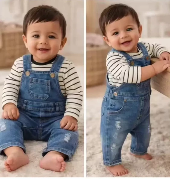 6-18 Ay Çizgili Badili Kot Salopet Bebek Takımı ürün görseli 1