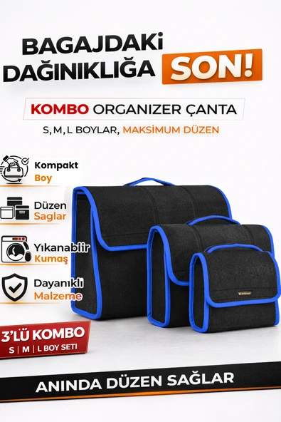 Oto Bagaj Organizer Bagaj Çantası 3'lü Kombo Boy Kaymaz Cırt Bantlı Velur Kompakt Düzenleyici - X2 ürün görseli 1